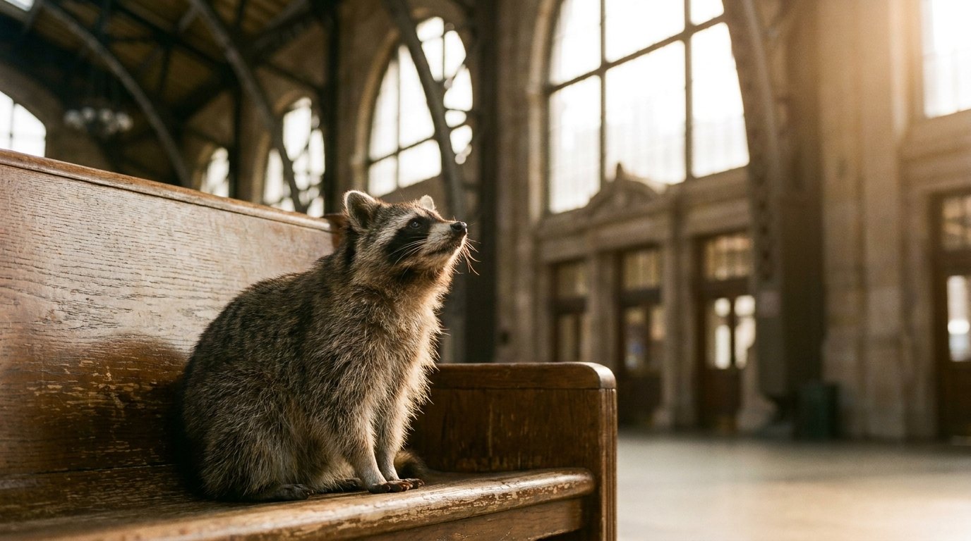 Ein Waschbär sitzt auf einer Bank in einer lichtdurchfluteten Bahnhofshalle und blickt sanft nach oben.