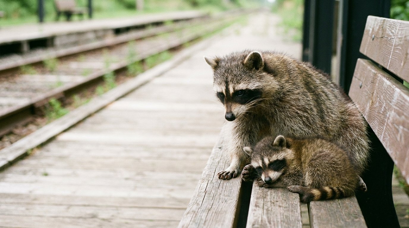 Ein erwachsener Waschbär wacht behutsam über ein junges Waschbärkind auf einer Bahnsteigbank.