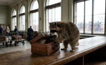 Waschbär kontrolliert einen Koffer in der alten Zollhalle – Satire und ihre Grenzen