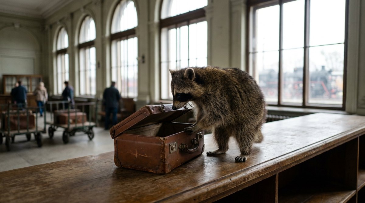 Waschbär kontrolliert einen Koffer in der alten Zollhalle – Satire und ihre Grenzen