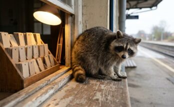 Waschbär auf dem Fensterbrett eines alten Fahrkartenschalters – Satzanfänge für deinen Text