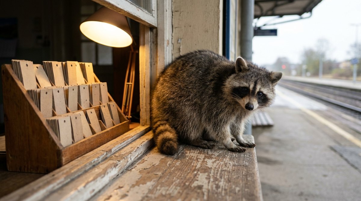 Waschbär auf dem Fensterbrett eines alten Fahrkartenschalters – Satzanfänge für deinen Text