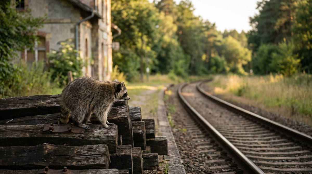Waschbär auf einem Stapel alter Bahnschwellen am Gleis – Satzanfänge für deinen Text