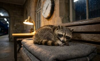 Waschbär döst nachts im Wartesaal auf einer Wolldecke – Schlaf vor dem Auftritt