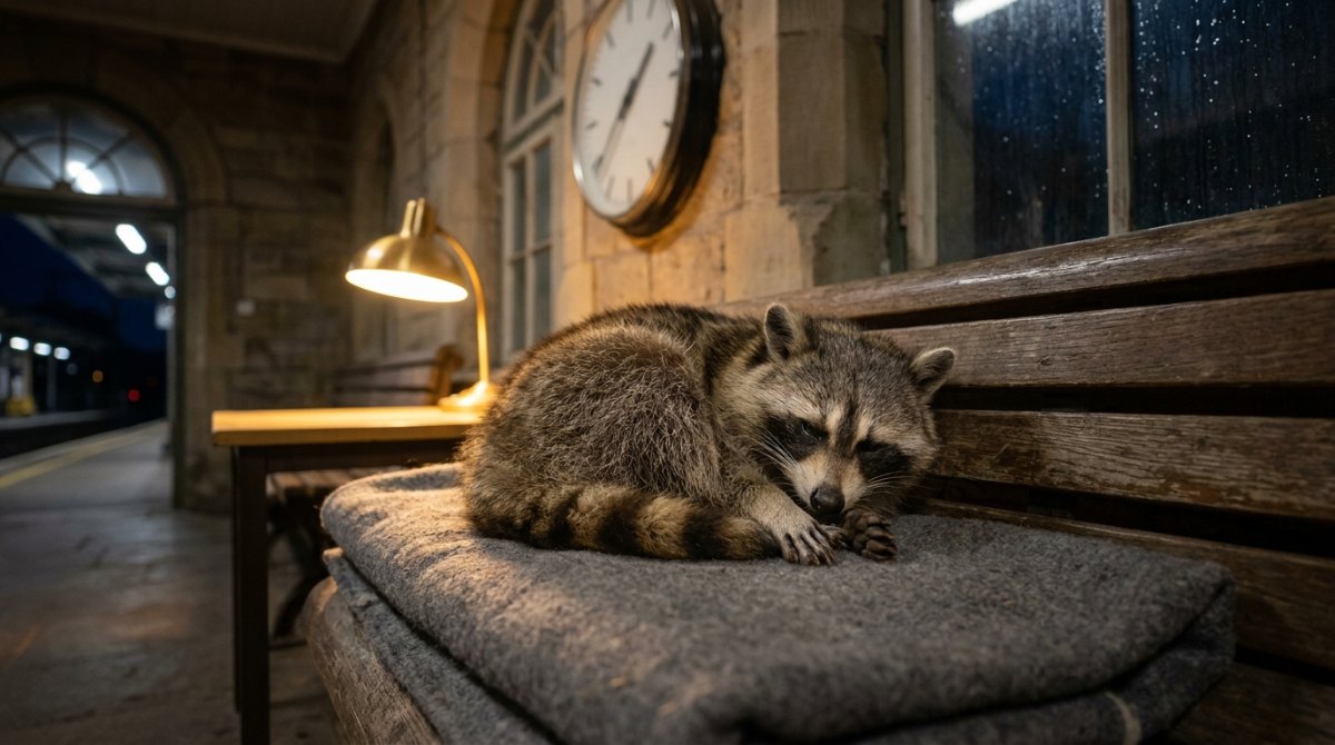 Waschbär döst nachts im Wartesaal auf einer Wolldecke – Schlaf vor dem Auftritt