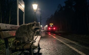 Waschbär allein auf einer Bahnsteigbank bei Nacht, ein Zug fährt davon – nach einer schlechten Wertung