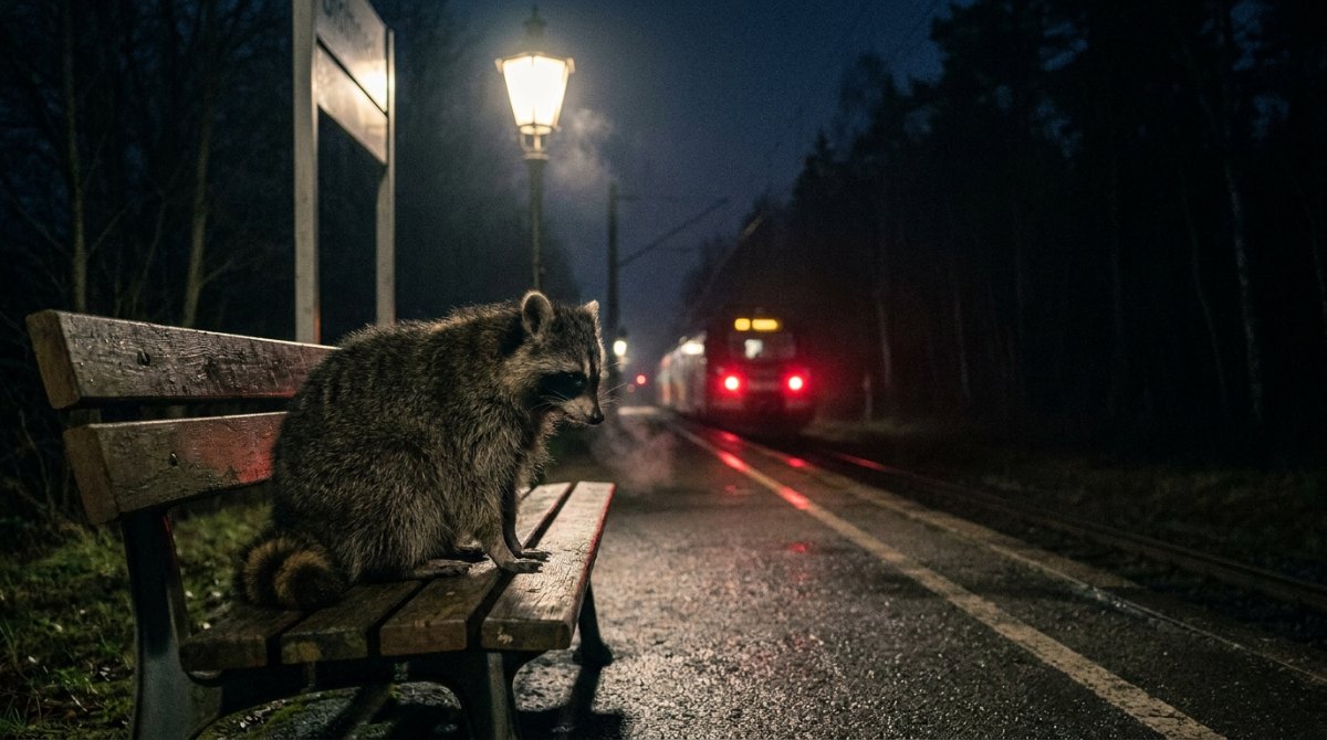 Waschbär allein auf einer Bahnsteigbank bei Nacht, ein Zug fährt davon – nach einer schlechten Wertung