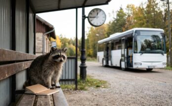 Waschbär wartet an der Bushaltestelle auf den Ersatzbus – schnell Text schreiben in 20 Minuten