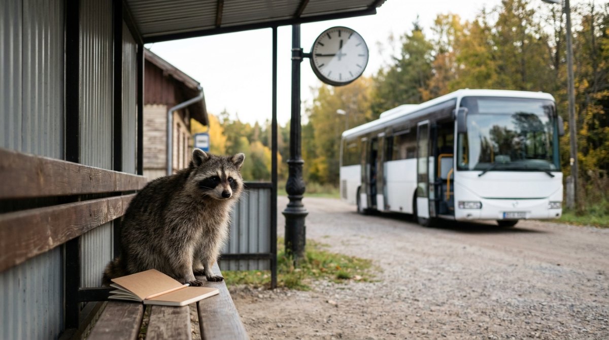 Waschbär wartet an der Bushaltestelle auf den Ersatzbus – schnell Text schreiben in 20 Minuten