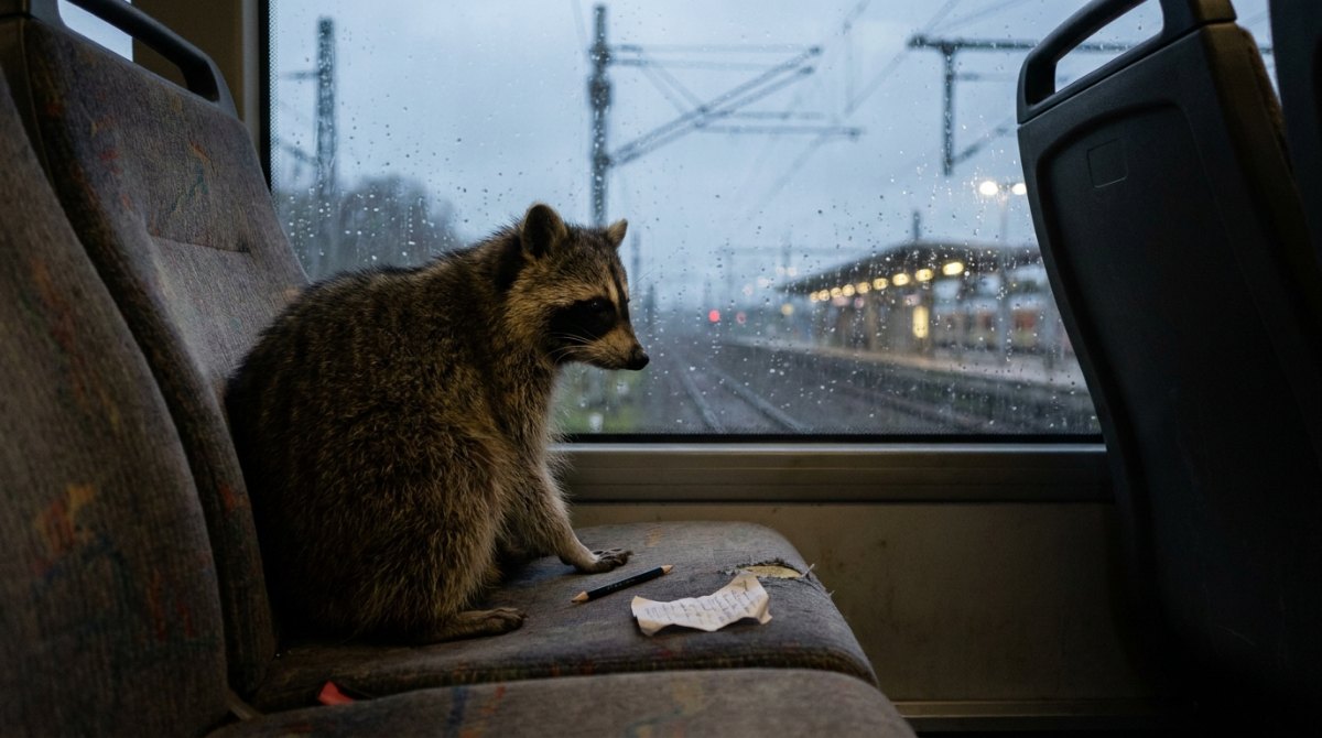 Waschbär im Ersatzbus mit Bleistift und Zettel – schnell Text schreiben unterwegs