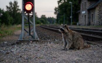 Schreibblockade: Ein Waschbär sitzt in der Dämmerung vor einem rot leuchtenden Bahnsignal