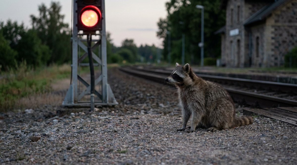 Schreibblockade: Ein Waschbär sitzt in der Dämmerung vor einem rot leuchtenden Bahnsignal