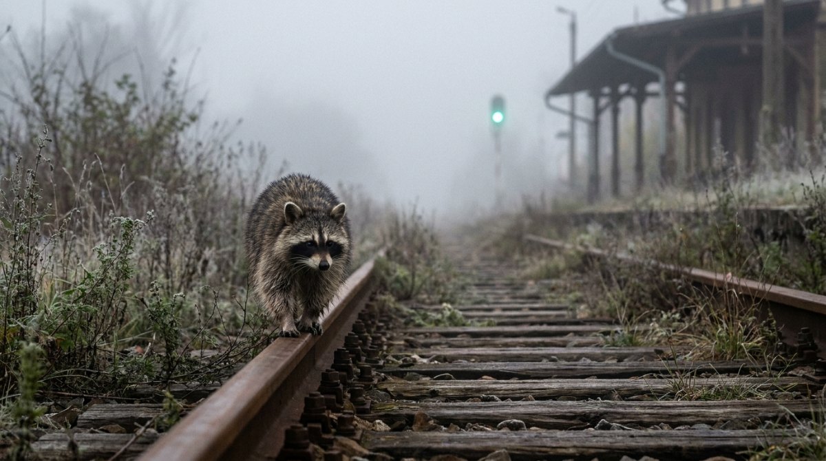 Schreibblockade überwinden auf Sicht: Ein Waschbär läuft im Nebel vorsichtig auf der Schiene, in der Ferne ein grünes Signal