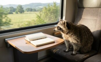 Waschbär am Fensterplatz im Regionalzug neben aufgeschlagenem Notizbuch – Schreiben im Zug