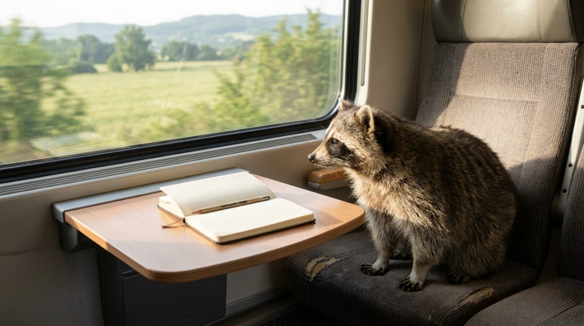 Waschbär am Fensterplatz im Regionalzug neben aufgeschlagenem Notizbuch – Schreiben im Zug