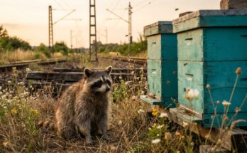 Schreiben lernen: Waschbär sitzt vorsichtig neben türkisen Bienenkästen am Bahndamm