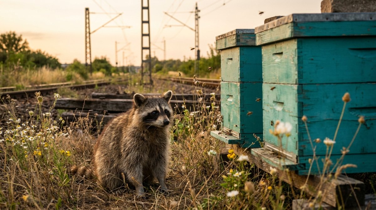 Schreiben lernen: Waschbär sitzt vorsichtig neben türkisen Bienenkästen am Bahndamm