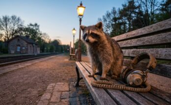 Waschbär mit alten Kopfhörern auf der Bahnsteigbank in der Dämmerung – Schreiben nach Musik