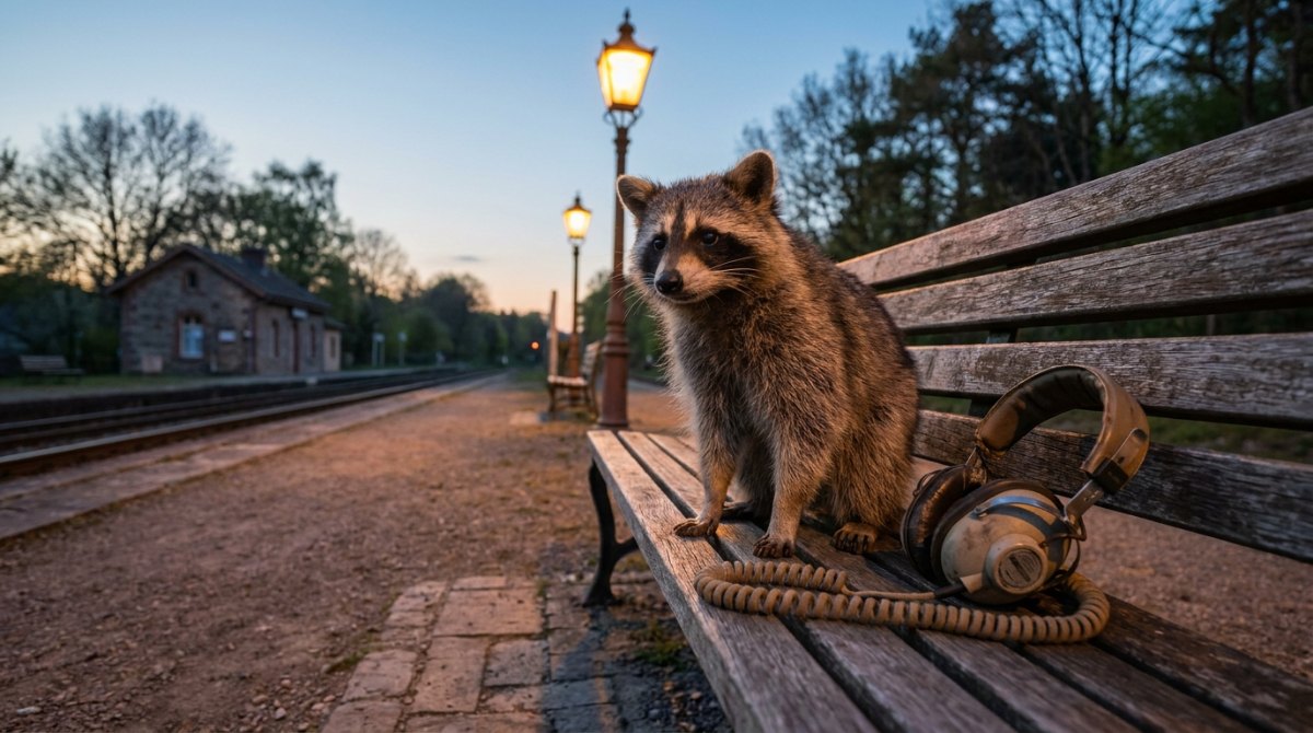 Waschbär mit alten Kopfhörern auf der Bahnsteigbank in der Dämmerung – Schreiben nach Musik