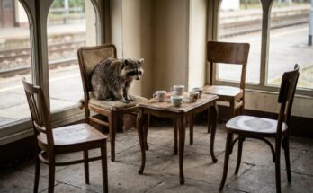 Waschbär auf einem von vier Stühlen am Teetisch im Wartesaal – Schreibgruppe gründen