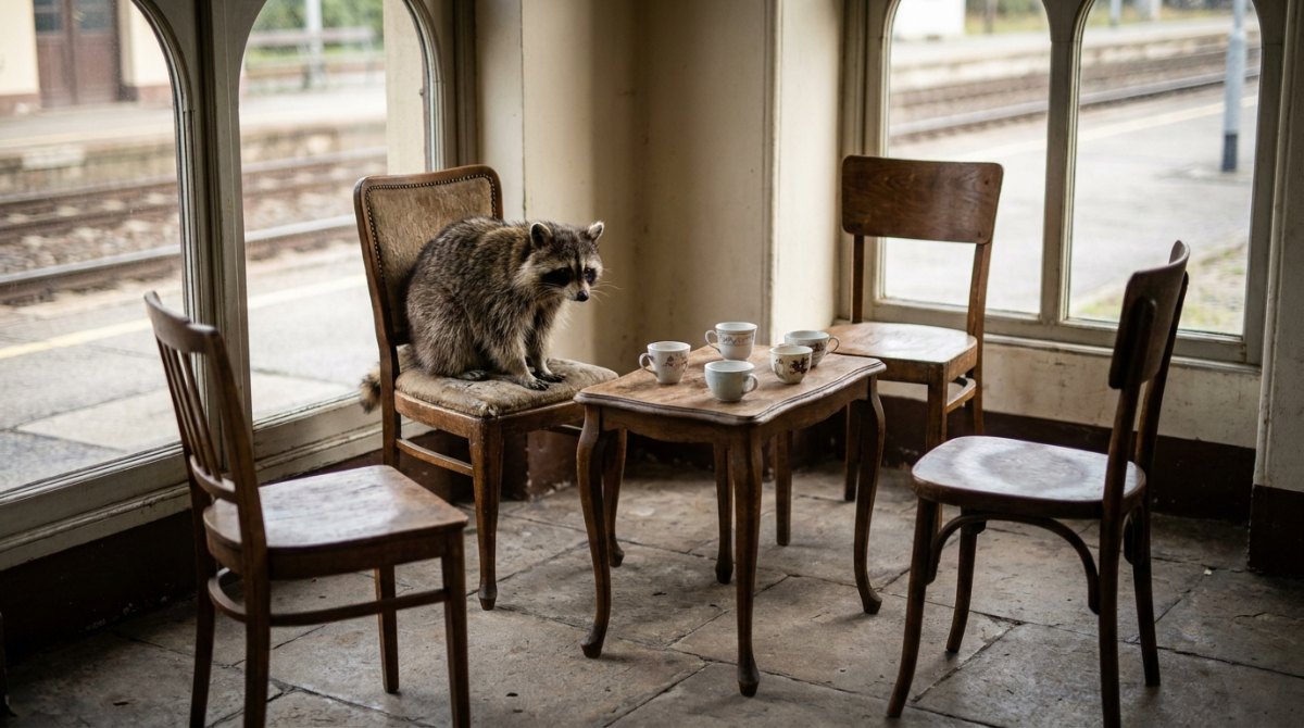 Waschbär auf einem von vier Stühlen am Teetisch im Wartesaal – Schreibgruppe gründen