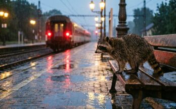 Waschbär auf einer nassen Bahnsteigbank im Regen, ein Zug fährt ab – Schreibprompts zum Thema Abschied
