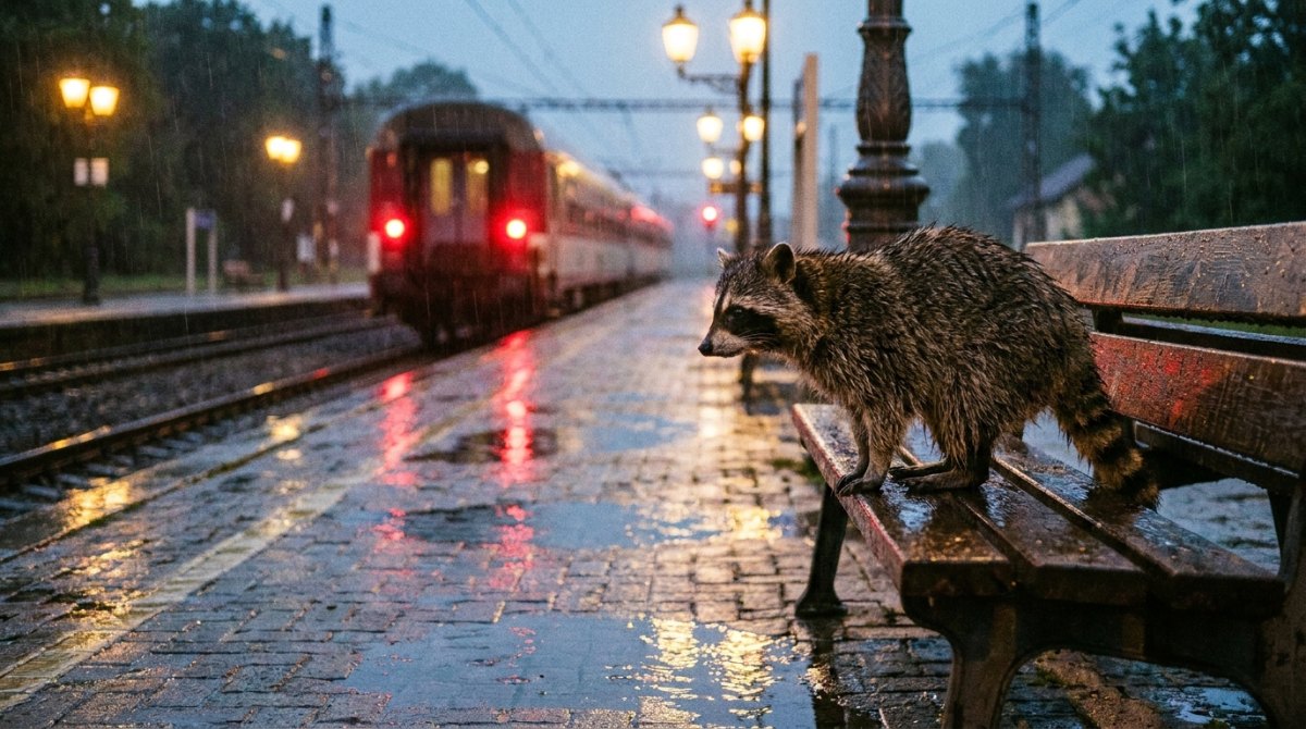 Waschbär auf einer nassen Bahnsteigbank im Regen, ein Zug fährt ab – Schreibprompts zum Thema Abschied