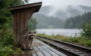 Waschbär im Regen unter dem Holzdach eines kleinen Haltepunkts am See – Schreibretreat