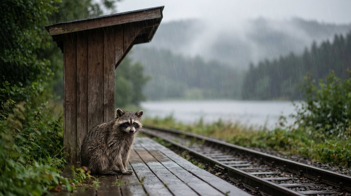 Waschbär im Regen unter dem Holzdach eines kleinen Haltepunkts am See – Schreibretreat