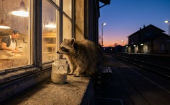 Schreibroutinen: Waschbär neben einem Glas Sauerteig am Fenster einer Bahnhofsbäckerei vor Sonnenaufgang