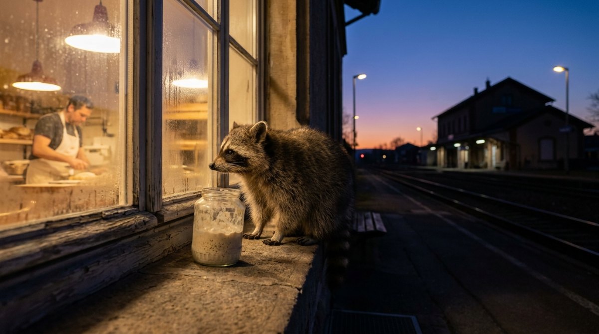 Schreibroutinen: Waschbär neben einem Glas Sauerteig am Fenster einer Bahnhofsbäckerei vor Sonnenaufgang