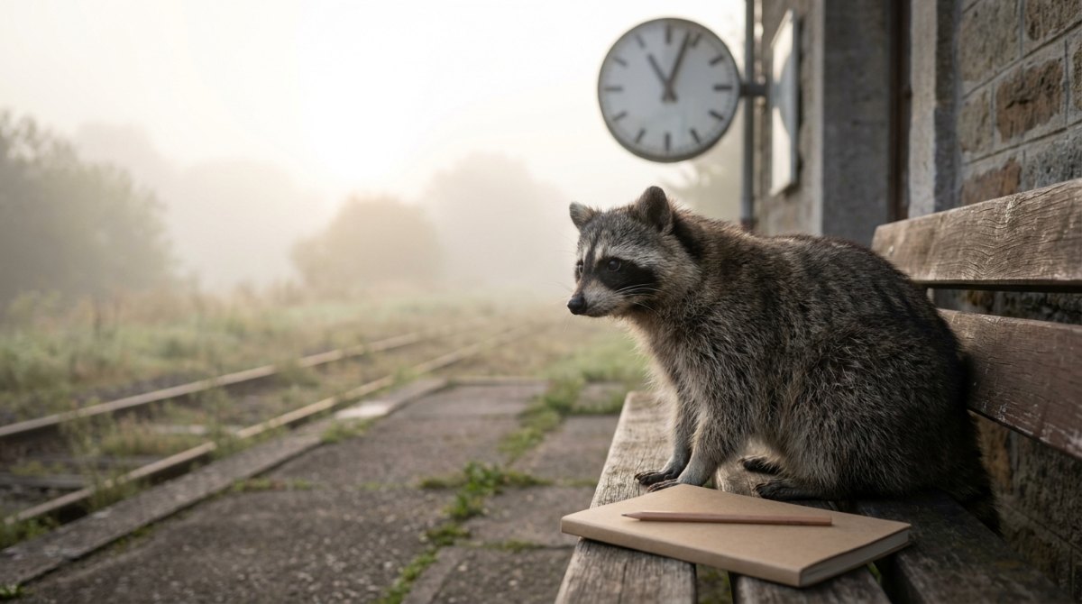 Schreibroutinen: Waschbär auf einer Bahnsteigbank im Morgennebel, daneben Notizbuch und Bleistift, dahinter die Bahnhofsuhr