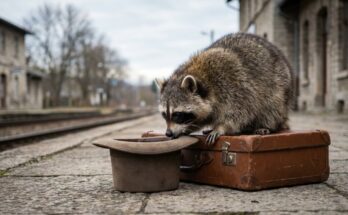 Waschbär schaut in einen alten Hut auf einem Koffer am Bahnsteig – Schreibtricks Slam
