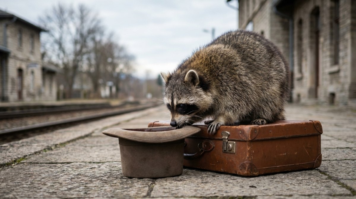 Waschbär schaut in einen alten Hut auf einem Koffer am Bahnsteig – Schreibtricks Slam