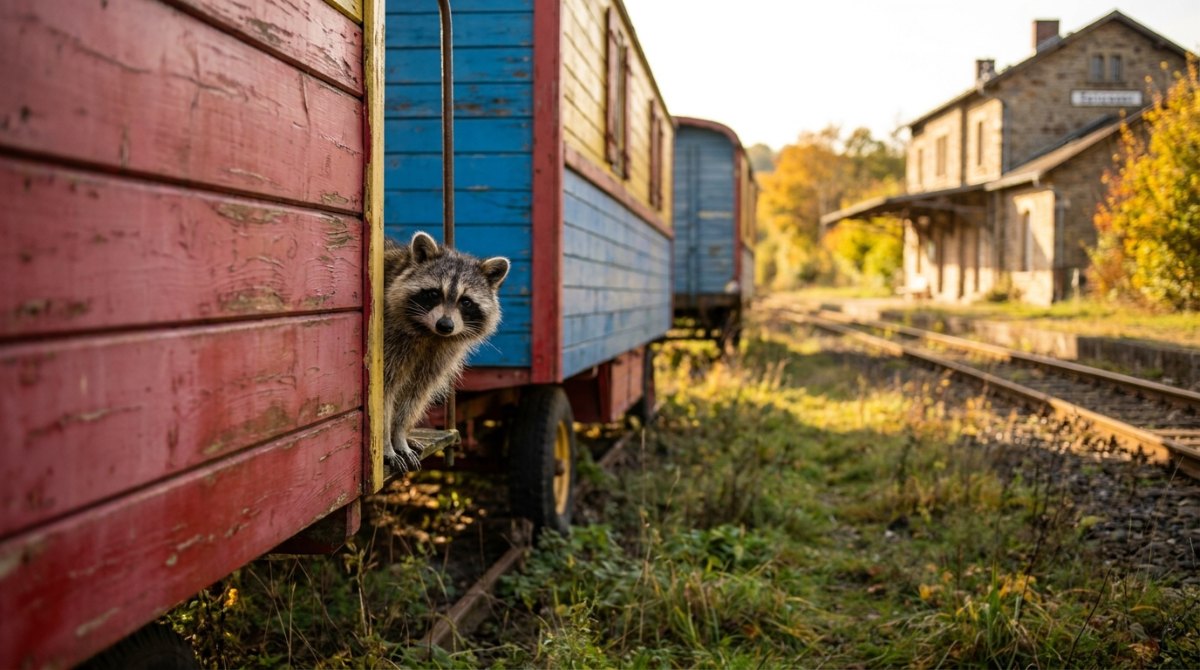 Waschbär lugt zwischen bunten Zirkuswagen am Abstellgleis hervor – Schreibtricks für Slam-Texte