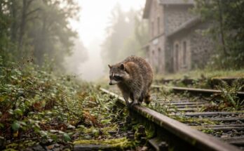 Waschbär balanciert auf einer Schiene im nebligen Wald – Schreibübungen für Slam
