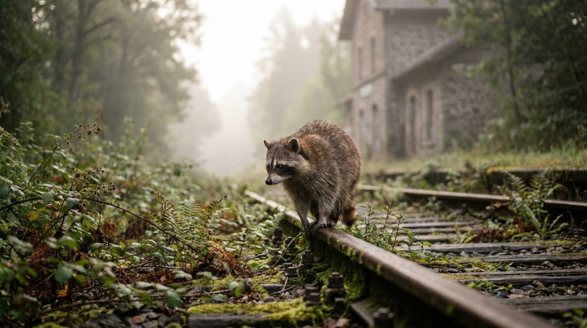 Waschbär balanciert auf einer Schiene im nebligen Wald – Schreibübungen für Slam