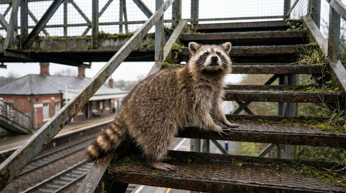 Waschbär klettert die Stufen einer Fußgängerbrücke über den Gleisen hinauf – Schreibübungen Slam
