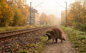 Poetry Slam über die Schule: ein Waschbär läuft am frühen Morgen auf einem Weg entlang der Bahnstrecke