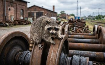Waschbär auf alten rostigen Radsätzen in einem Bahnbetriebswerk – Science Slam über Materialermüdung