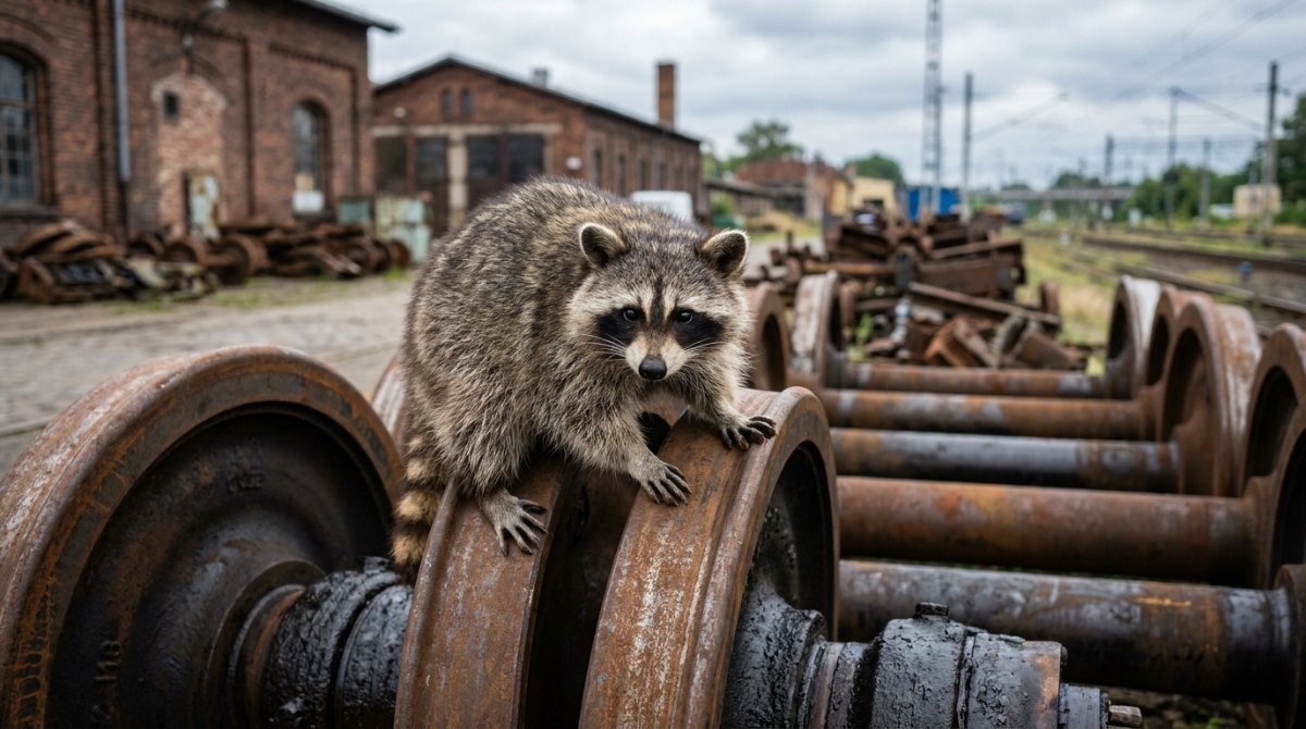 Waschbär auf alten rostigen Radsätzen in einem Bahnbetriebswerk – Science Slam über Materialermüdung