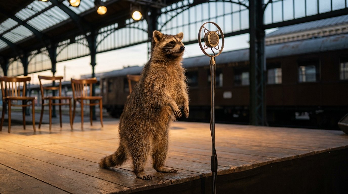 Ein Waschbär steht aufrecht am Mikrofon auf einer kleinen Bühne im Bahnhof