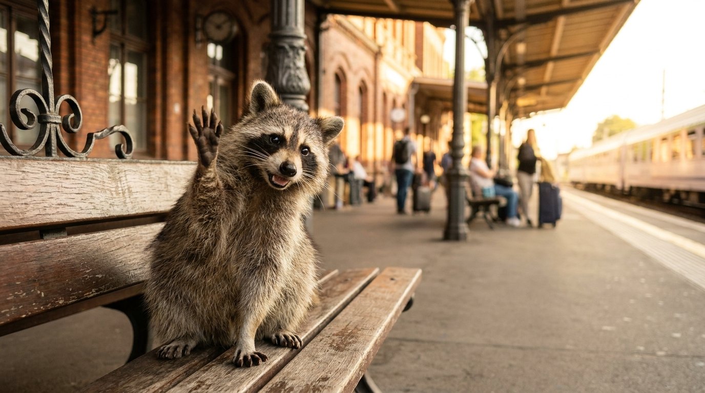 Ein Waschbär auf einer Bahnhofsbank hebt keck die Pfote, als wolle er etwas sagen