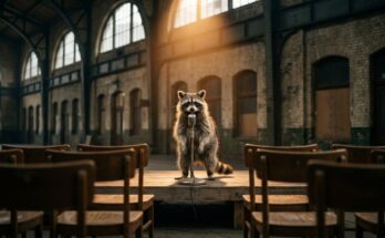Poetry Slam für mehr Selbstbewusstsein: ein Waschbär steht auf einer kleinen Bühne in einer Bahnhofshalle