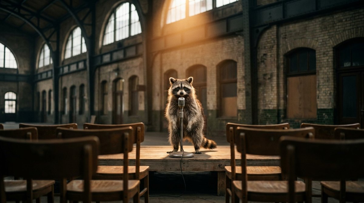 Waschbär steht selbstbewusst vor seiner Lok