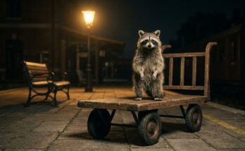 Selbstbewusstsein beim Poetry Slam: Ein Waschbär steht aufrecht auf einem alten Gepäckkarren am nächtlichen Bahnsteig