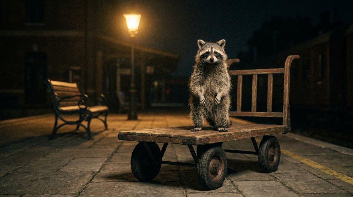 Selbstbewusstsein beim Poetry Slam: Ein Waschbär steht aufrecht auf einem alten Gepäckkarren am nächtlichen Bahnsteig