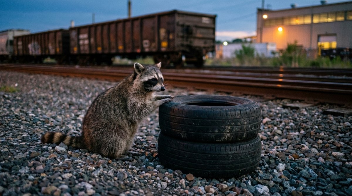 Selbstbewusstsein prüfen wie Reifendruck: Ein Waschbär drückt am Güterbahnhof auf einen alten Reifen