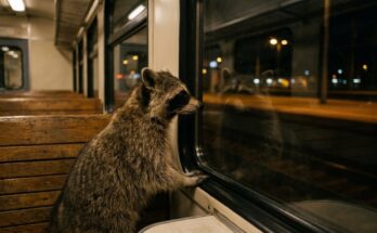 Selbstbild: Waschbär betrachtet nachts im Zug sein Spiegelbild im Fenster