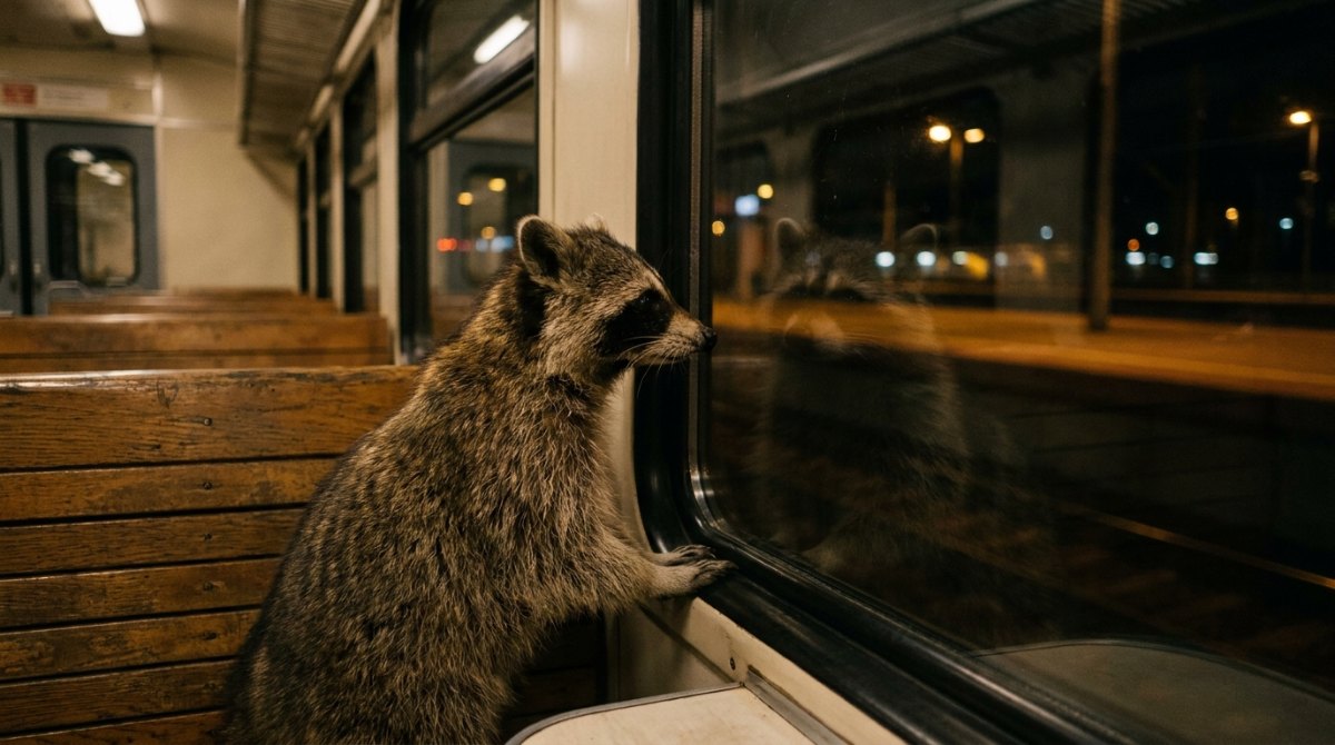 Selbstbild: Waschbär betrachtet nachts im Zug sein Spiegelbild im Fenster